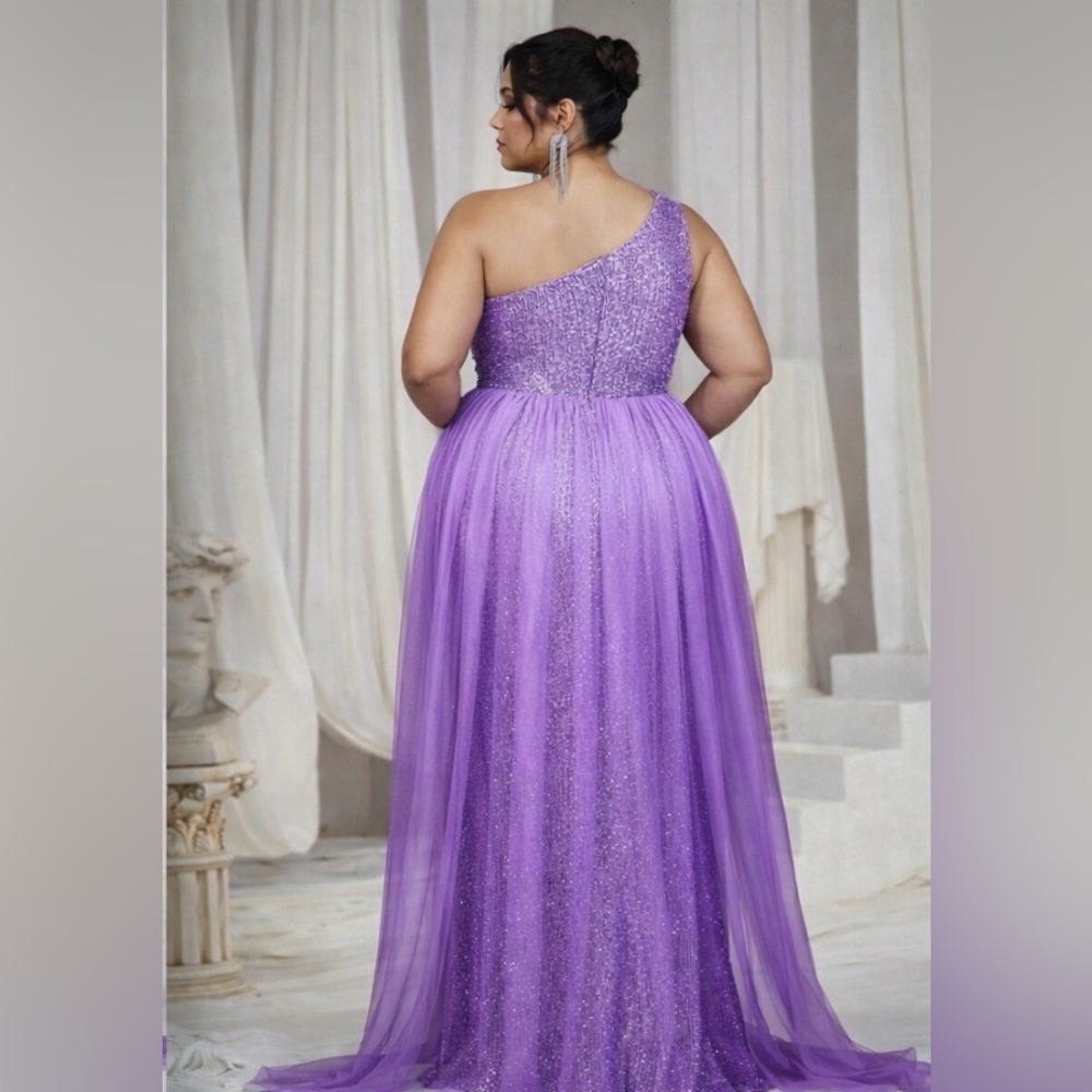 Faeriesty Elegant Purple One-Shoulder Evening Gown with Mesh Overlay. Size 3X - Picture 2 of 8